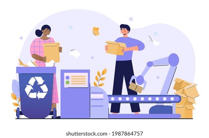 Male and female characters are working at paper waste factory. Concept of paper waste, environmental protection. Workers throw garbage to recycle litter sort. Flat cartoon vector illustration