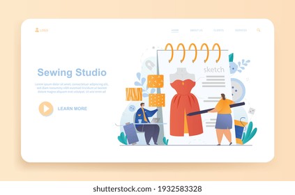 Male and female characters are working in sewing studio together. Clothes creating in studio with special equipment. Website, web page, landing page template. Flat cartoon vector illustration