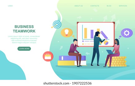 Male and female characters are working together in team. Concept of successful business teamwork. Working with infographics. Website, web page, landing page template. Flat cartoon vector illustration