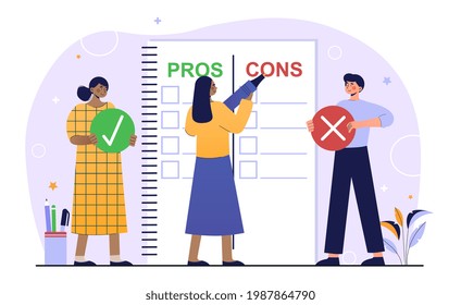 Male and female characters are writing down pros and cons on big notebook sheet. Concept of checklist, advantages and disadvantages, people make important decision. Flat cartoon vector illustration