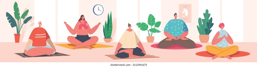 Male and Female Characters Yoga Class and Sport Activities. Yogi Men and Women Meditate in Large Hall, Sitting in Lotus Posture Healthy Lifestyle, Leisure Mind Balance. Cartoon Vector Illustration