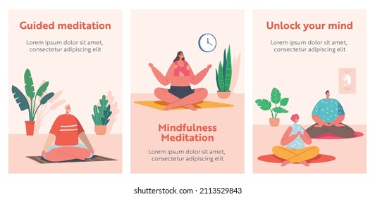 Male and Female Characters Yoga Class and Sport Activities Cartoon Banners. Yogi Men and Women Meditate in Large Hall, Sitting in Lotus Posture Healthy Lifestyle, Leisure Mind Balance. Vector Posters