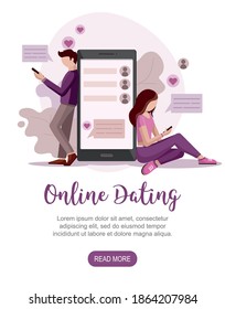 Male and female chatting on the Internet. Online Dating service. Virtual relationships concept. Vector Illustration