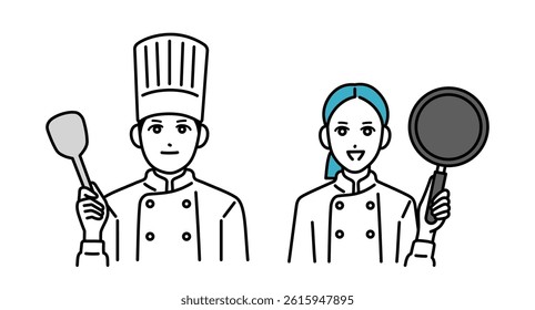 Male and female chef avatars holding cooking utensils