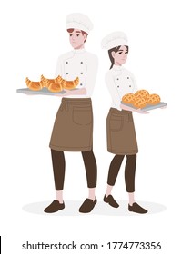 Male and female chef cook with baking tray professional bakery cartoon character design flat vector illustration isolated on white background