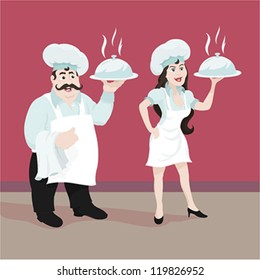 Male and female chef with hot tray in hand