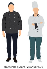 Male and female chef standing in uniform.	