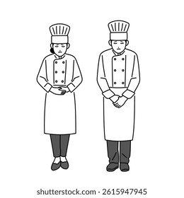 Male and female chefs bowing their heads and apologizing