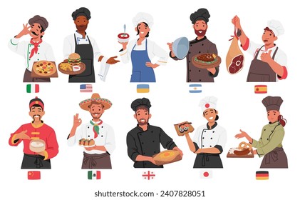 Male and Female Chefs Characters From Various Countries Representing A Unique Culinary Heritage, Creating A Vibrant Tapestry Of Gastronomic Diversity Of Food. Cartoon People Vector Illustration