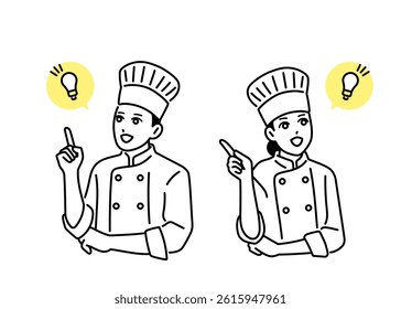 Male and female chefs holding up their fingers and showing inspiration