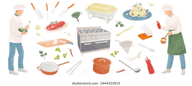  male and female chefs preparing food and  set elements about cooking in a restaurant, pot, frying pan, colander, vegetables, knives, gas stove