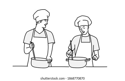 Male and female chefs are preparing something. Hand drawn vector illustration.
