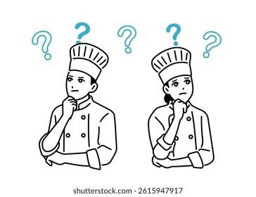 Male and female chefs with questions floating above their heads