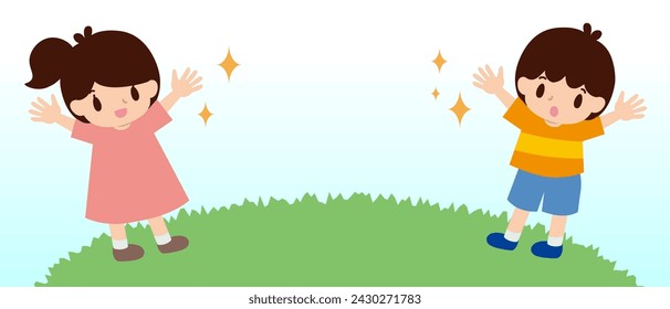 Male and female children with their hands raised and happy around them and available space.