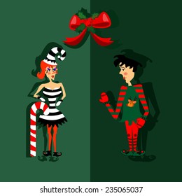male and female christmas elves in love under holly