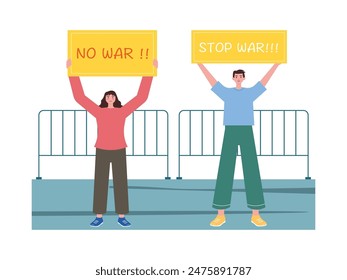 Male and female citizens are protesting, stop the war and care about the lives of many victims. Character design. Vector flat illustration