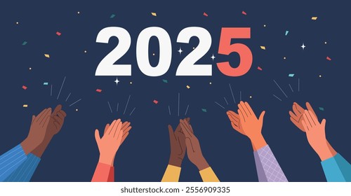 Male and female clapping hands thanking or showing appreciation at event. 2025 concept. Flat style cartoon vector illustration. 