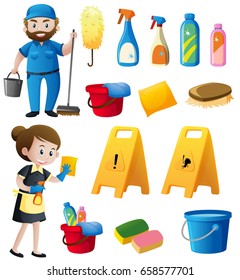 Male and female cleaners with cleaning equipments illustration