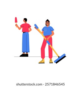 Male And Female Cleaners With Mop And Spray In Flat Vector Illustration Symbolizing Cleaning Service And Teamwork, Isolated On White Background