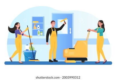 Male And Female Cleaning Staff Is Working In Office Building. Concept Of Cleaner Service. People In Uniform Using Floor Scrubber And Broom. Flat Cartoon Vector Illustration