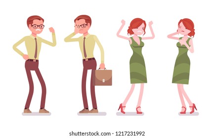 Male and female clerk negative emotions. Unhappy young man and woman, miserable employee, overworking, feels monotonous. Business and office jobs concept. Vector flat style cartoon illustration