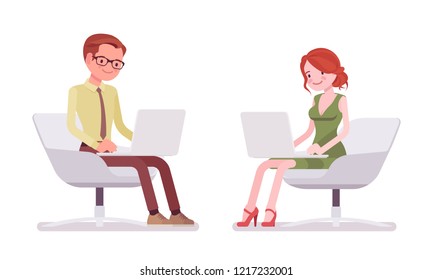 Male and female clerk sitting and working. Young man and woman mailing and filing correspondence at laptop in a comfy armchair. Business and office jobs concept. Vector flat style cartoon illustration