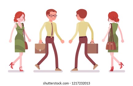 Male and female clerk walking. Young man and woman, employee busy with message delivery, go at work. Business and office jobs concept. Vector flat style cartoon illustration, front and rear view