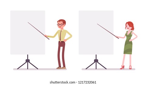 Male and female clerk working. Young man and woman, assistant or employee busy with presentation at whiteboard. Business and office jobs concept. Vector flat style cartoon illustration