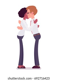 Male and female clerks giving a hug. Helpful and insightful friend, Business communication concept. Vector flat style cartoon illustration, isolated, white background