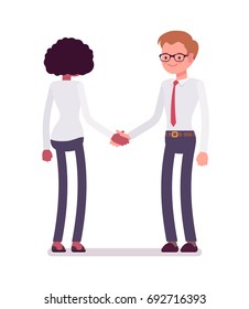 Male and female clerks handshaking. Mutual exchange, effective understanding, reaching agreement. Business communication concept. Vector flat style cartoon illustration, isolated, white background