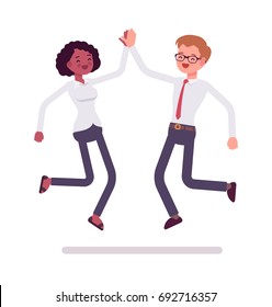 Male And Female Clerks Jumping Giving High Five. Development, Negotiation For Success. Business Communication Concept. Vector Flat Style Cartoon Illustration, Isolated, White Background