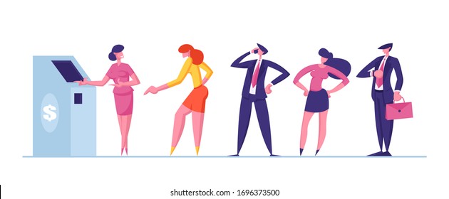 Male and Female Clients Characters Stand in Queue in Bank Waiting Appointment. Manager or Bank Worker Invite Clients, Providing Services to Customers, Atm Machine. Cartoon People Vector Illustration