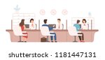 Male and female clients sitting and talking to managers or analysts of credit department. Bank workers providing services to customers. Colorful vector illustration in modern flat cartoon style.