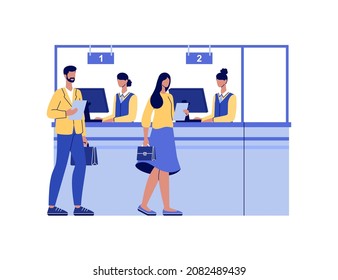 Male and female clients talking to managers or analysts of credit department. Bank workers providing services to customers. Colorful vector illustration in modern flat cartoon style.