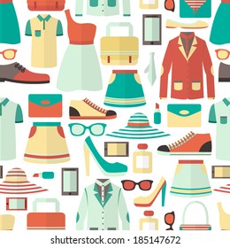 Male and female clothes footwear cosmetics and gadgets shopping seamless pattern vector illustration