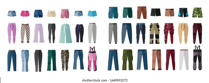 Male and female clothing elements. Pants, trousers and underwear for men and women. A set of fashion and style elements. 