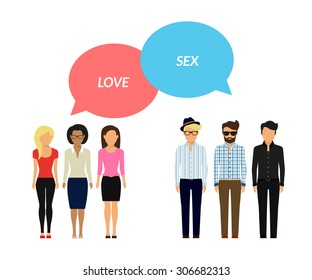 Male and female cloud chat bubbles. Women feeling love but guys want sex 