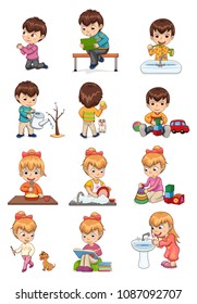 Male and female collection, activities set, boy brushing teeth, growing tree playing car cubes, girl washing plates, walking dog vector illustration