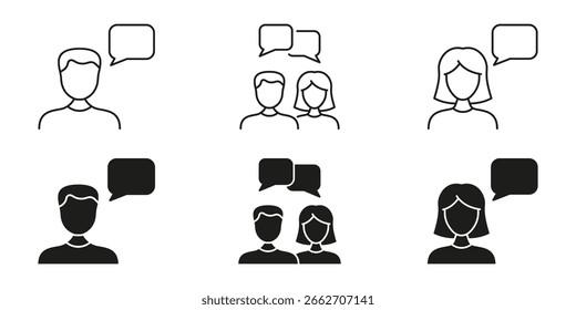 Male And Female Communication Line And Solid Icon Set. Conversation, Dialogue, And Interaction Symbol Collection. Social Networking And Messaging. Isolated Vector Illustration.