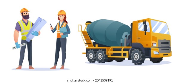 Male and female construction engineer characters with concrete mixer truck illustration