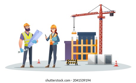 Male and female construction engineer characters on construction site with tower crane illustration