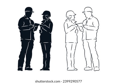 Male and female construction worker talking each other illustration. Inspector, engineer, property developer, real estate project. Silhouette line drawing vector