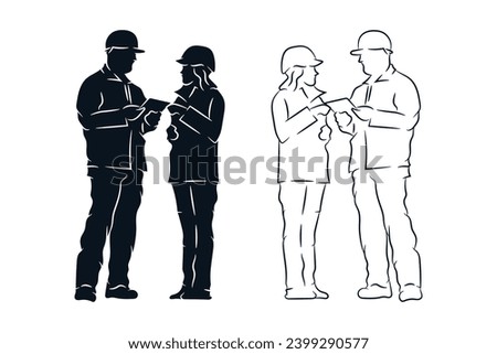 Male and female construction worker talking each other illustration. Inspector, engineer, property developer, real estate project. Silhouette line drawing vector