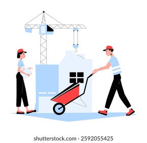 Male And Female Construction Workers Transporting Materials In Flat Vector Illustration Symbolizing Building Industry, Infrastructure Development, And Teamwork, Isolated On White Background.
