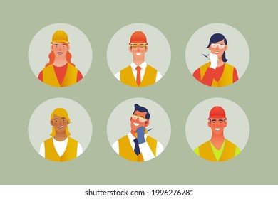 Male and female construction workers in various reflective clothing, protective workwear in circle shape on grey background. Modern flat vector illustration. Social media template.