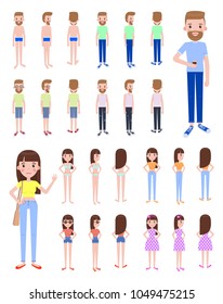 Male and female constructor constructing of profile and back view different clothes and accessories, vector illustration isolated on white background
