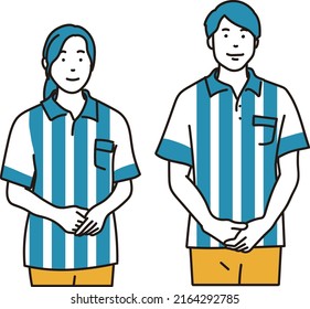 Male and female convenience store clerk standing hand in hand