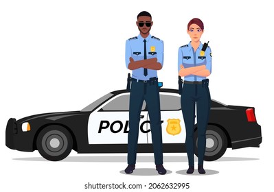 Male and Female Cop Standing Next to Police Car, Policeman and Policewoman in Uniform illustration