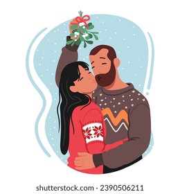 Male and Female Couple Characters Embrace, Sharing A Tender Kiss, Beneath The Mistletoe Allure, Their Love Illuminated By The Festive Glow Of Holiday Cheer. Cartoon People Vector Illustration