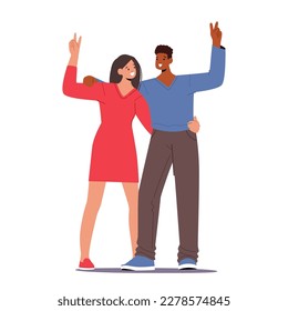 Male and Female Couple Characters Expressing Joy And Triumph With A Victory Gesture and Faces Radiate Happiness, Success, Achievement In Relationships or Business. Cartoon People Vector Illustration